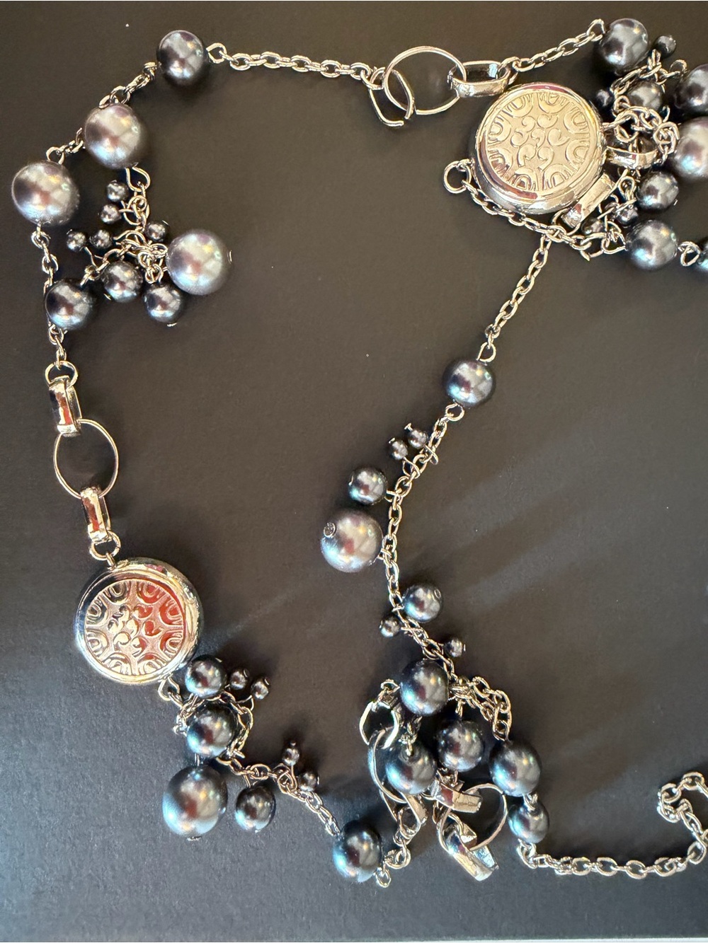 Silver-Tone Black Pearl Cluster Necklace with Decorative Medallions